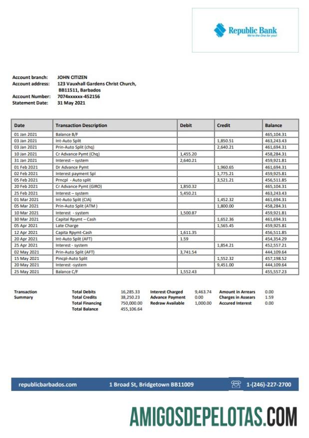Barbados Republic extrato bancário amostra